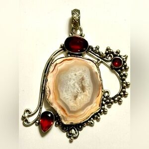 Unique, One Of A Kind Vintage Agate, Garnet And 925 Sterling Silver Pendant